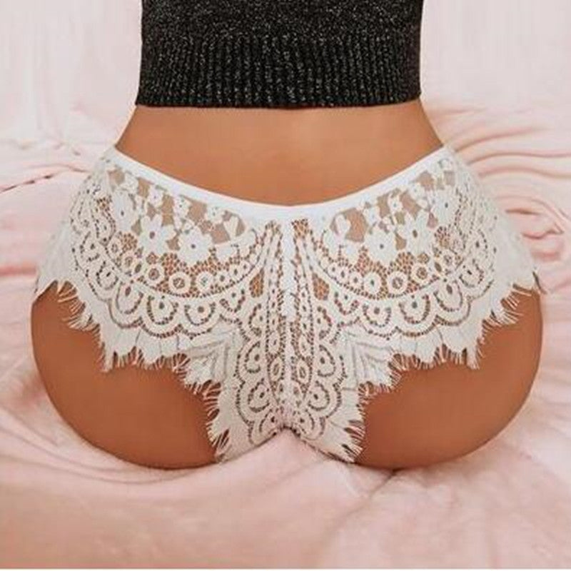 Bedroom Eyes lace panties in White, back view on model