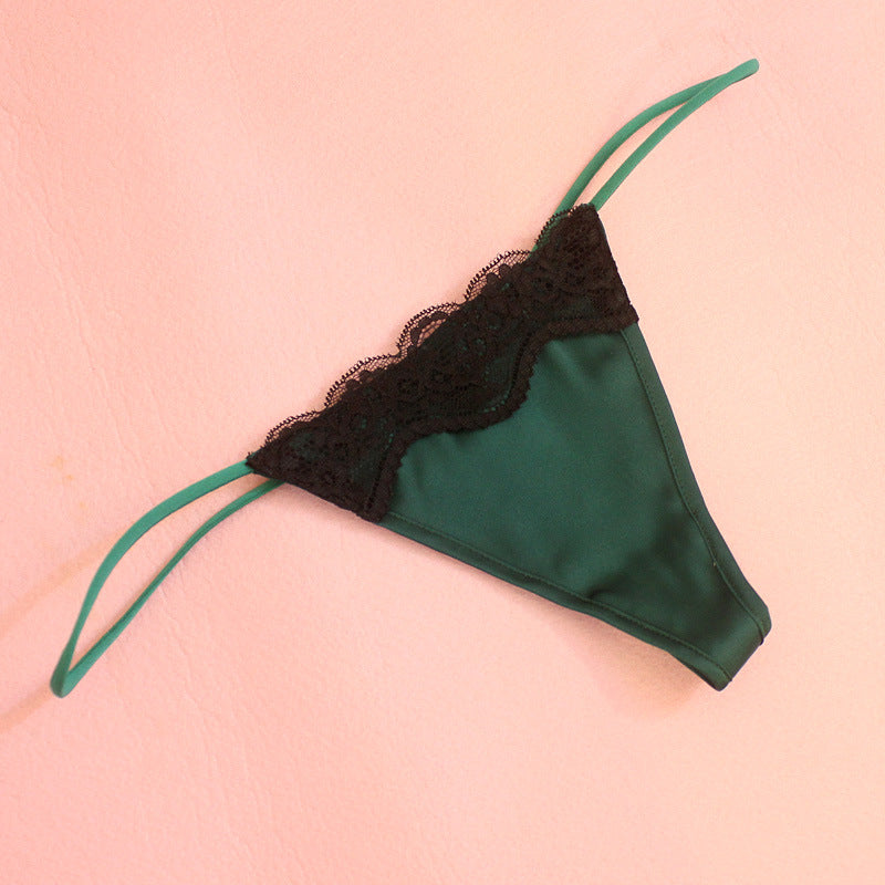 Late Supper satin thong in Forest, flat lay