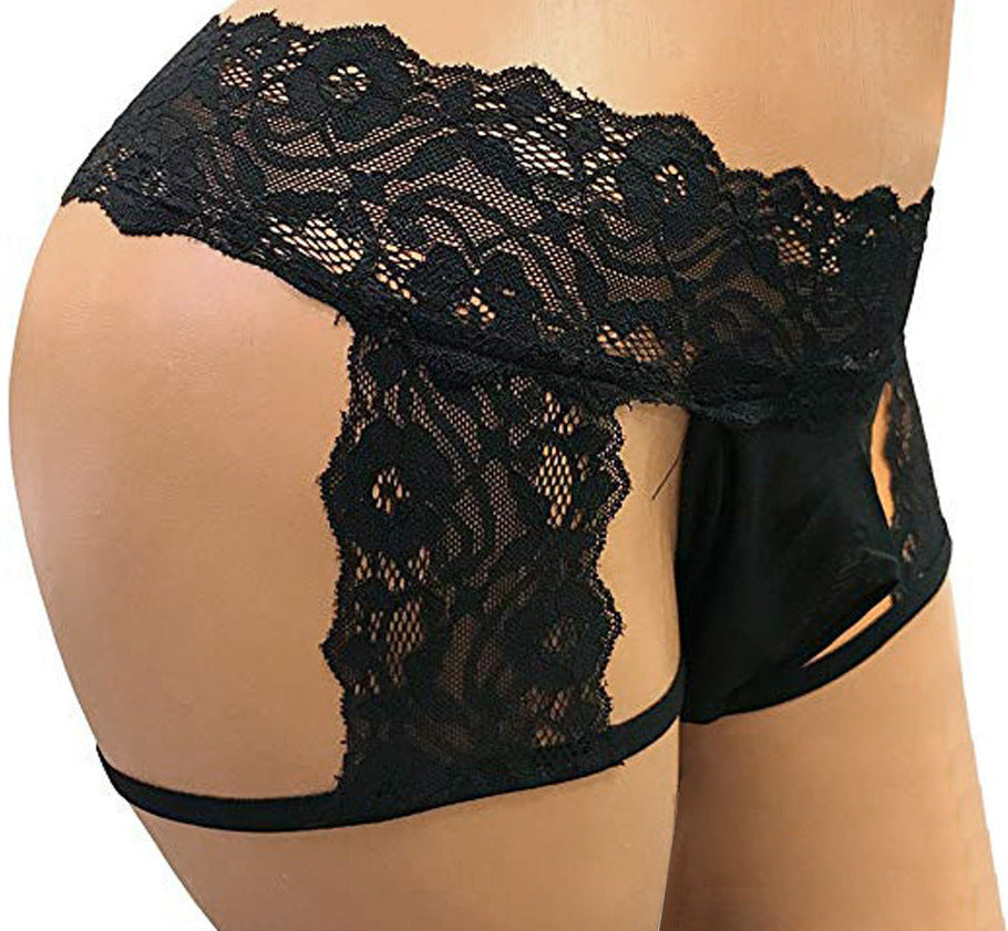 Bridal Suite open-back panties in Black, side view on model