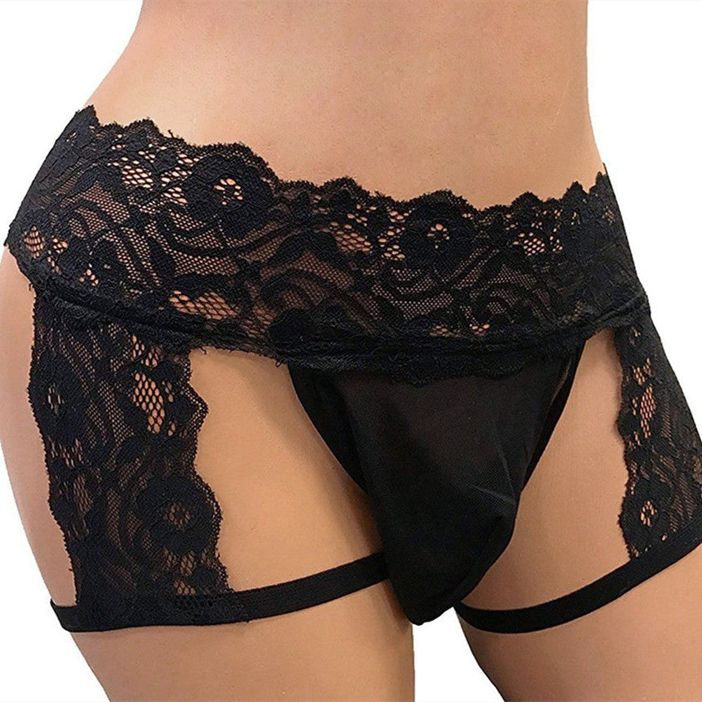 Bridal Suite open-back panties in Black, front view on model