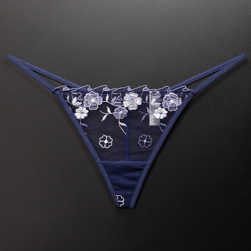 Pressed Flowers sheer panties in Navy, flat lay