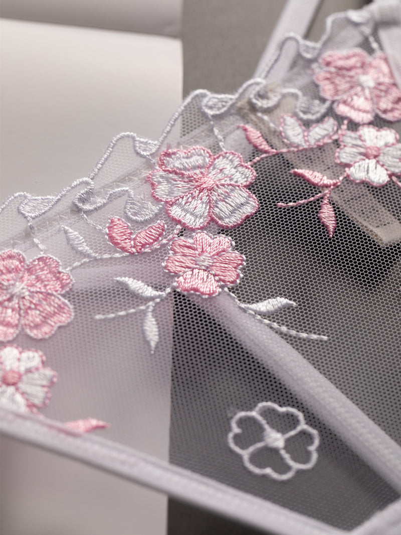Pressed Flowers sheer panties in Pink & White, flat lay