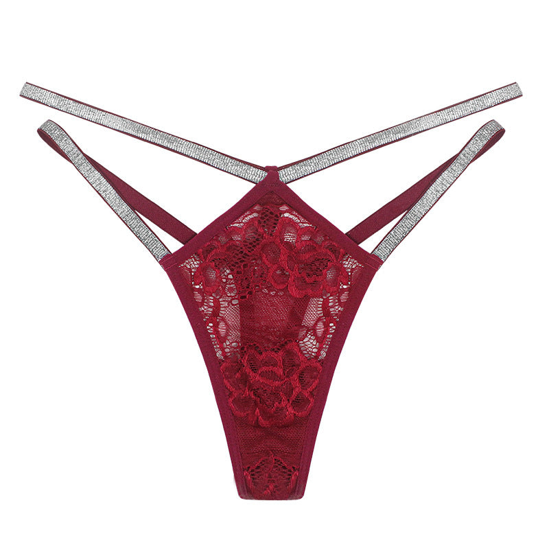 Red Carpet lace thong in Wine, flat lay