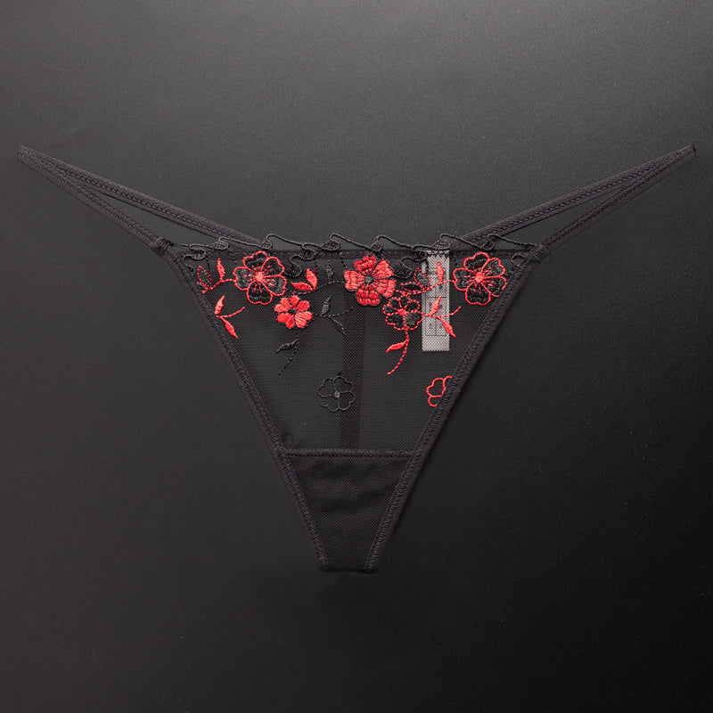 Pressed Flowers sheer panties in Red & Black, flat lay