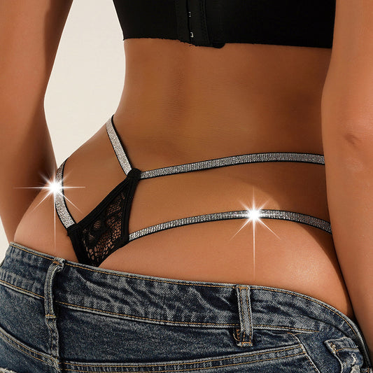 Red Carpet lace thong in Black, back view on model