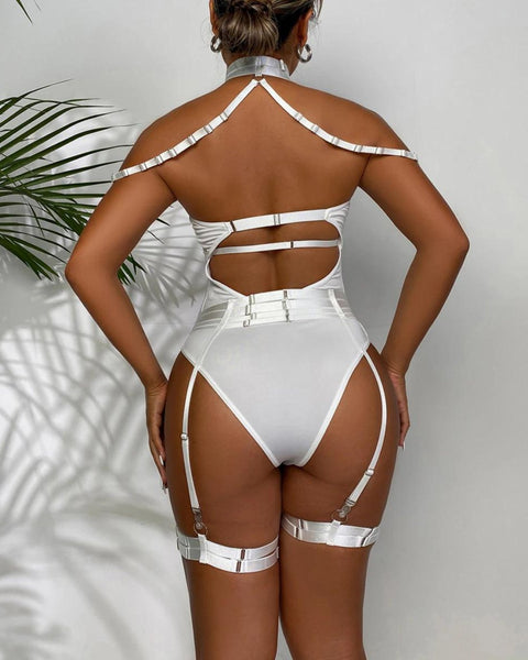 Bodysuits White Mesh Bodysuit with Choker Coochie Koo