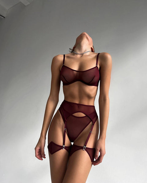 Sets Burgundy Strapless Mesh 5-Piece Set Coochie Koo